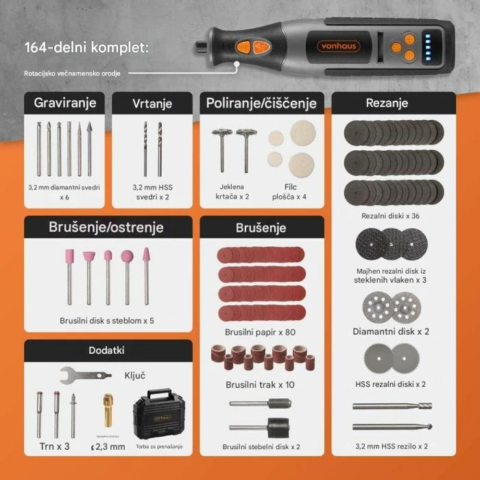 Vegël rrotulluese me bateri VONHAUS 3500392, 8V 2.5Ah, 5,000–25,000 RPM, me kasë dhe set aksesorësh, zi/portokalli