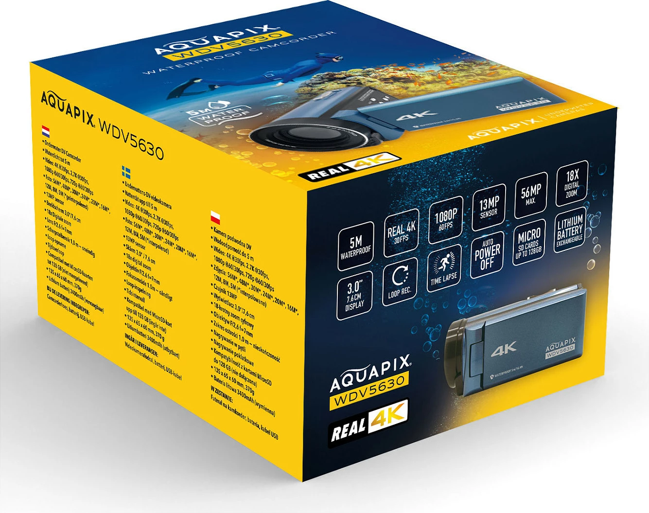 Kamerë video nënujore EasyPix Aquapix WDV5630, 4K Ultra HD, 13 MP, ekran 3", waterproof 5 m, 18x zoom, blu-gri