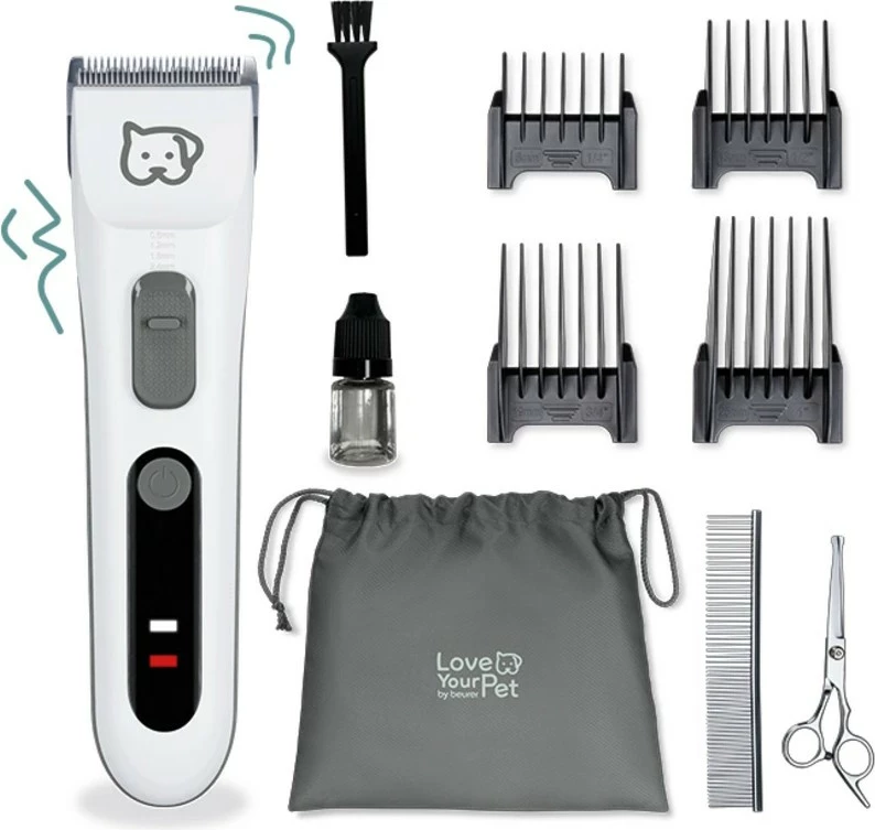 Makinë qethëse për kafshë Beurer PP110, rregullim 0.6–25 mm, teh çelik inox, bateri 4 orë, përdorim me kabllo/pa kabllo, set 9-copësh, bardhë/gri