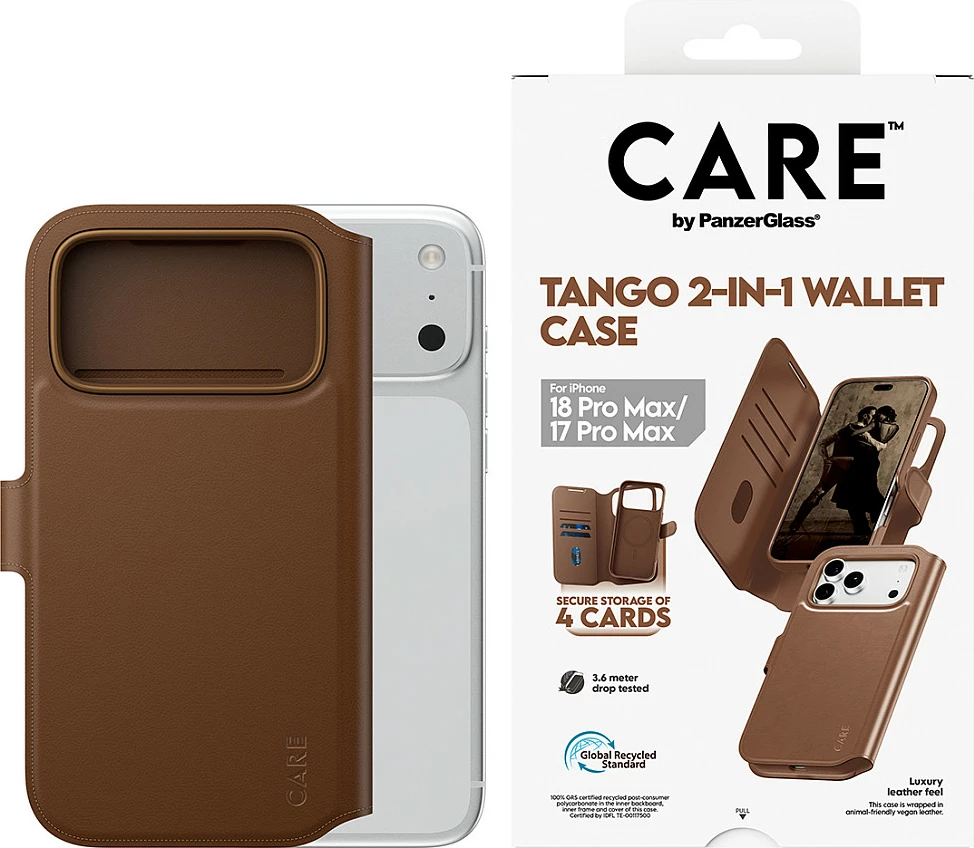 Mbështjellës me portofol PanzerGlass CARE Tango 2-in-1, MagSafe, për iPhone 17 Pro Max, kafe