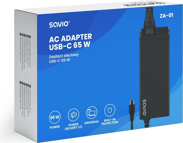 Karikues USB-C, Savio, ZA-01, 65W PD 3.0, kabllo 2.4 m, e zezë