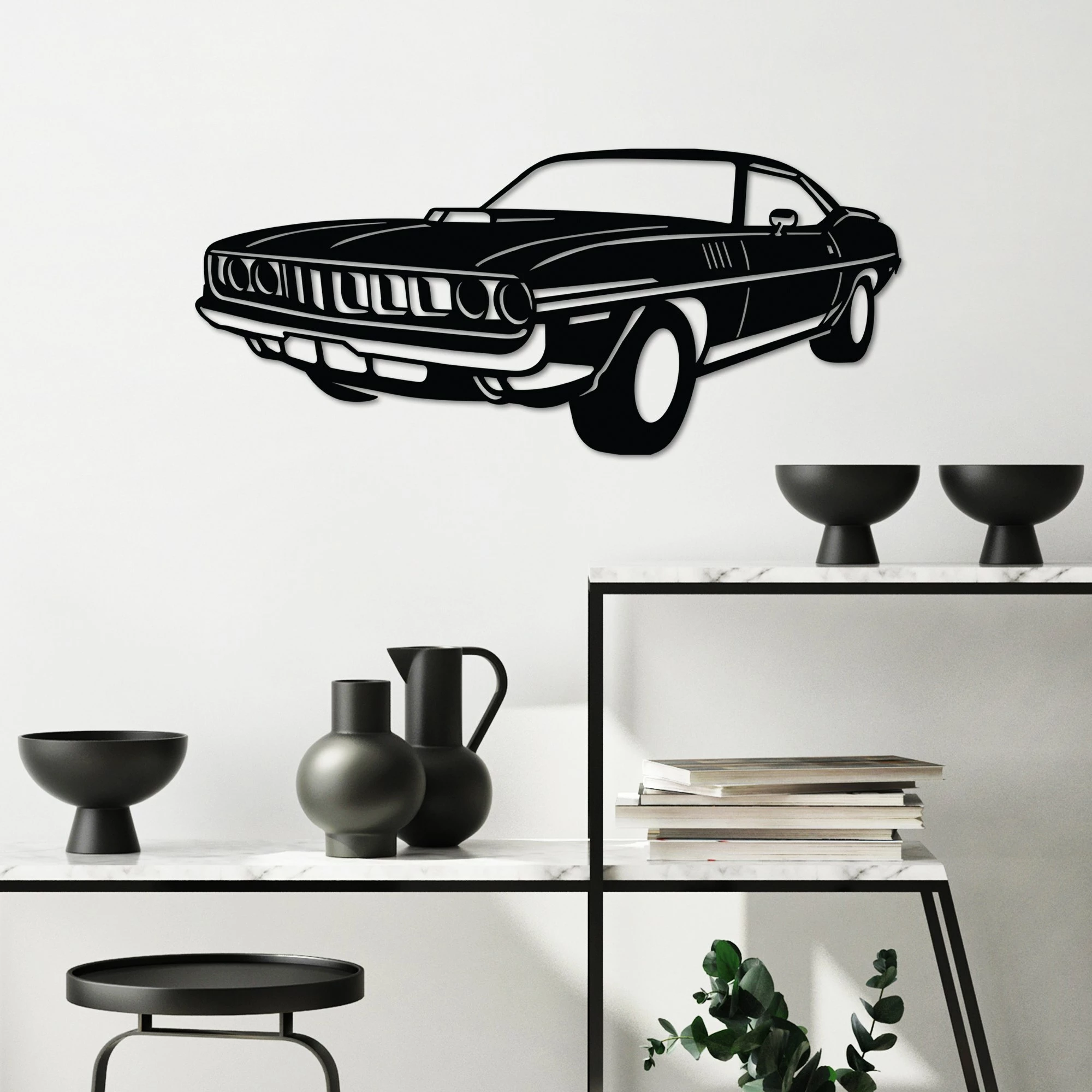 Aksesor dekorativ metalik për mur, Plymouth Barracuda 1971, ngjyrë e zezë, 60x26cm