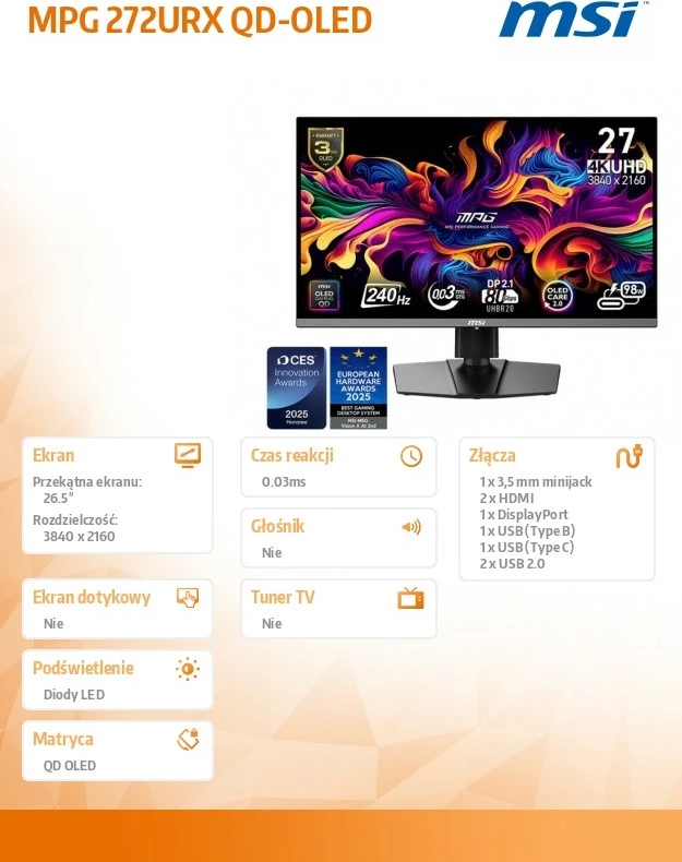 Monitor MSI MPG 272URX QD-OLED, 26.5", 4K UHD, 240Hz, i zi