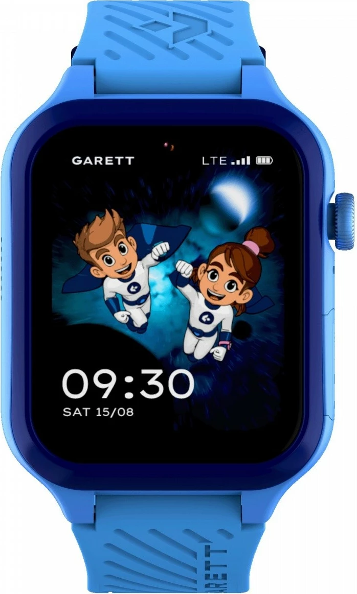 Smartwatch për fëmijë Garett Kids Essa 2 AI 4G LTE, 1.77\" AMOLED, 16 GB, GPS, nanoSIM, IP68, kamerë 5 MP, blu, set me 2 rripa + pod karikimi