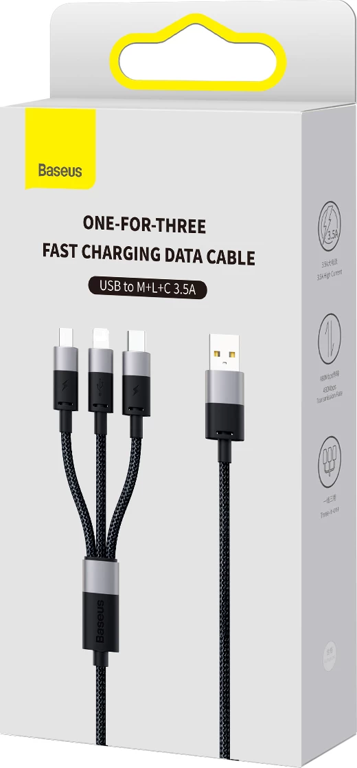 Kabllo 3-në-1 Baseus StarSpeed CAXS000001, 1.2m, USB-A në USB-C/Micro USB/Lightning, e zezë