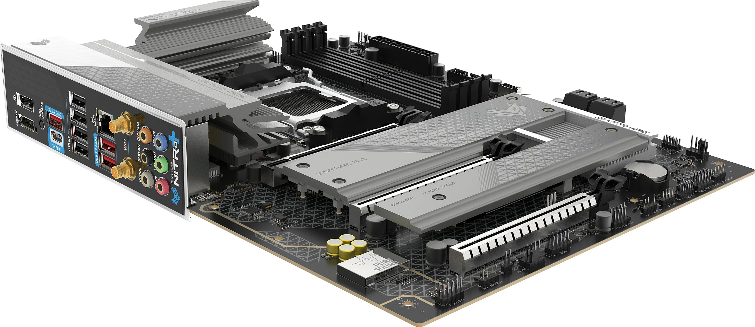 Pllakë amë Sapphire NITRO+ B850A, Socket AM5, DDR5 deri 256GB, Wi‑Fi 7, 2.5GbE, ATX, e zezë/gri