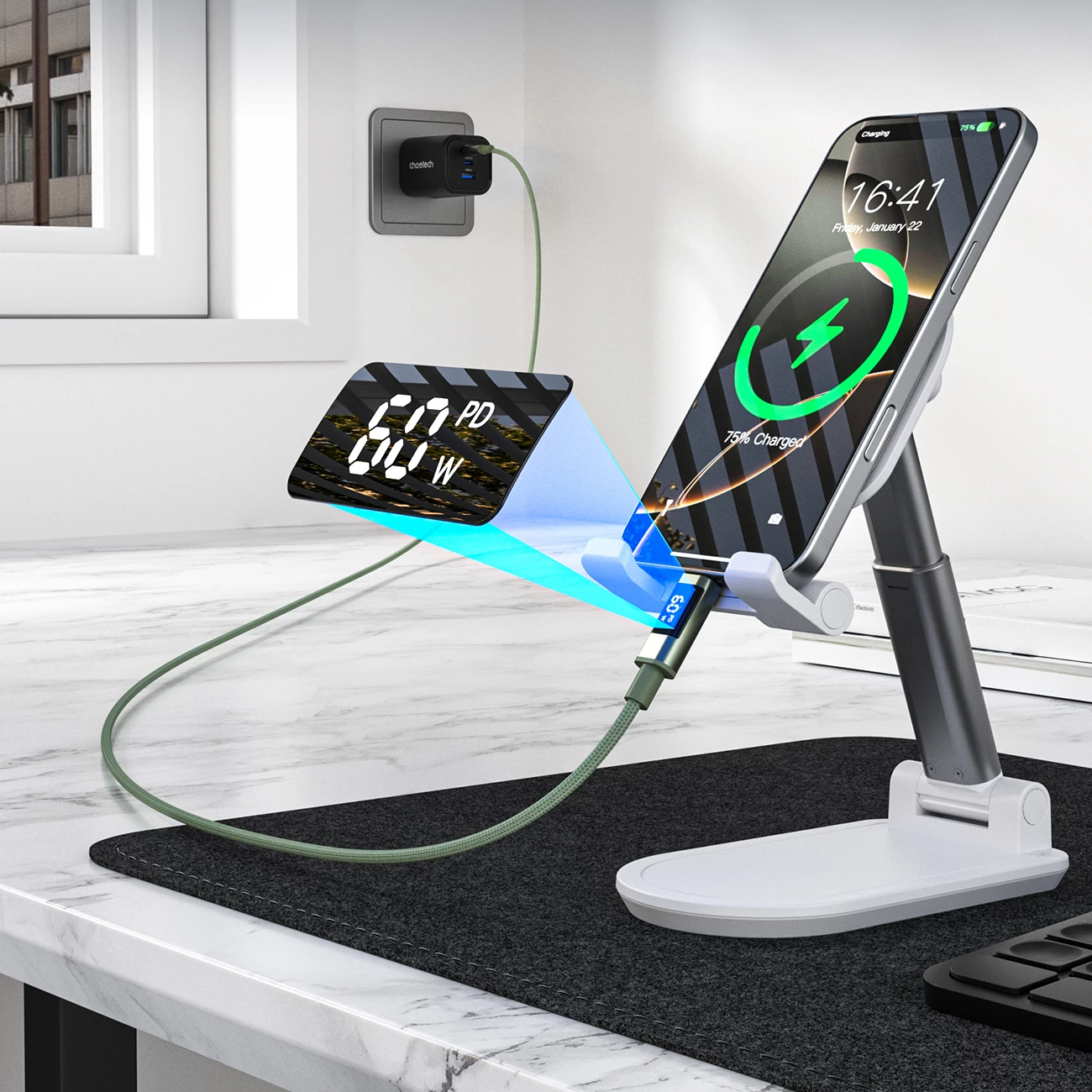 Kabllo USB-C në USB-C Choetech XCC-1068 PD 60W 1.2 m me ekran, e gjelbër, 1 copë