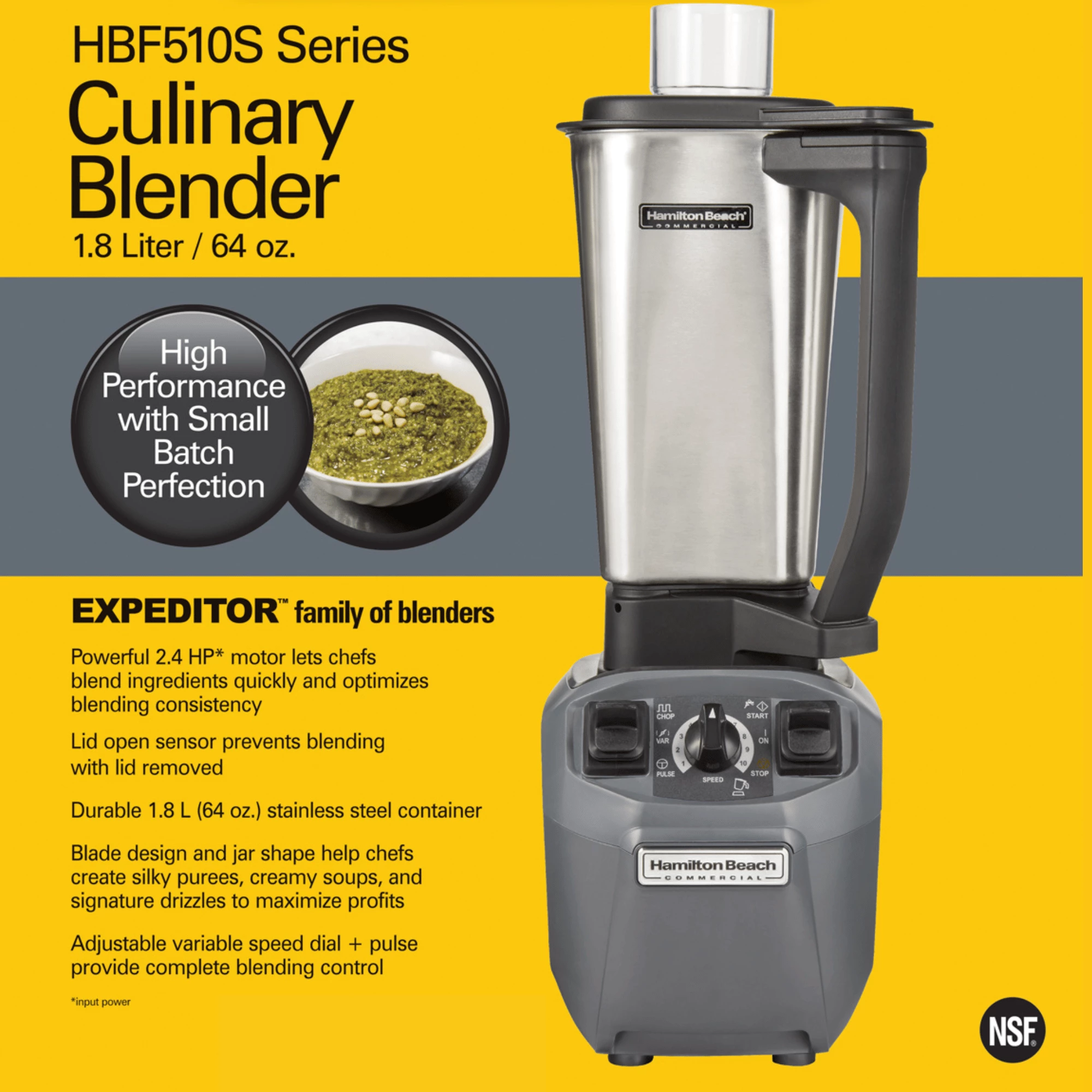 blender kulinar, Hamilton Beach Commercial, EXPEDITOR510S, motor 2.4 HP, variacion shpejtësie me pulse, sistem Wave~Action, mekanizëm prerës metalik, inox/zi
