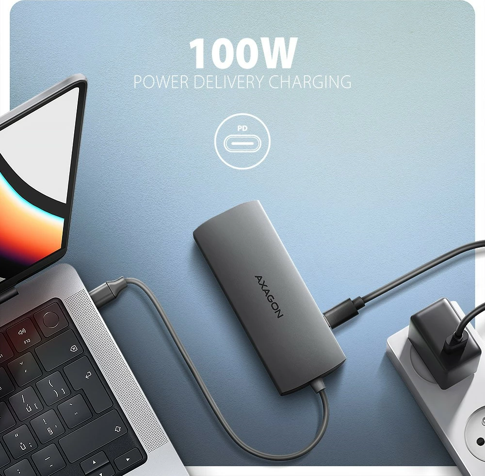 Hub multiport AXAGON HMC-8HLSA, 9-në-1, USB-C, HDMI 4K, 3x USB-A, SD/microSD, GLAN, Audio, PD 100W, 20cm, Gri