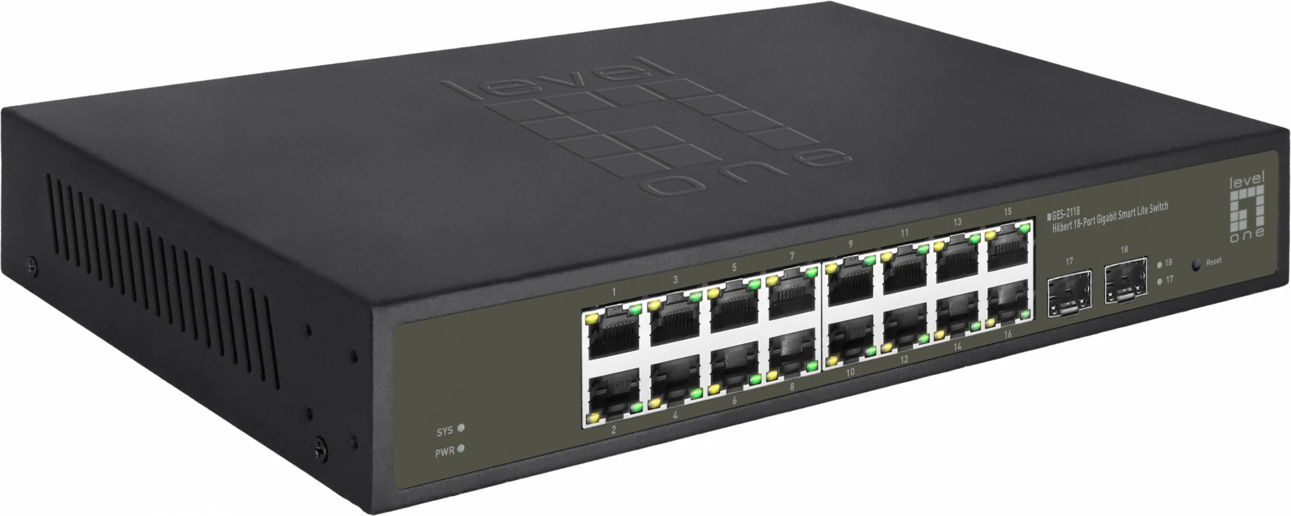Switch LevelOne Hilbert 18-Port Gigabit Smart Lite, 16 x Gigabit RJ45, 2 x Gigabit SFP, i menaxhuar, montim në rack