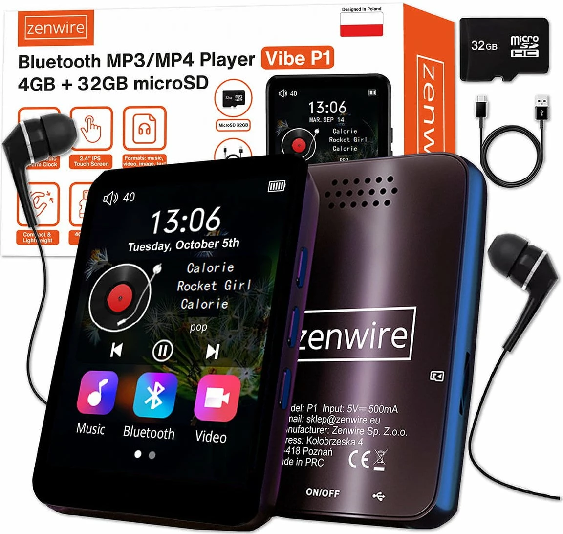 Player MP3/MP4 Zenwire Vibe P1, 32GB, Bluetooth, ekran 2.4\" IPS, radio FM, diktafon, i zi, me microSD 32GB, kufje dhe kabllo USB