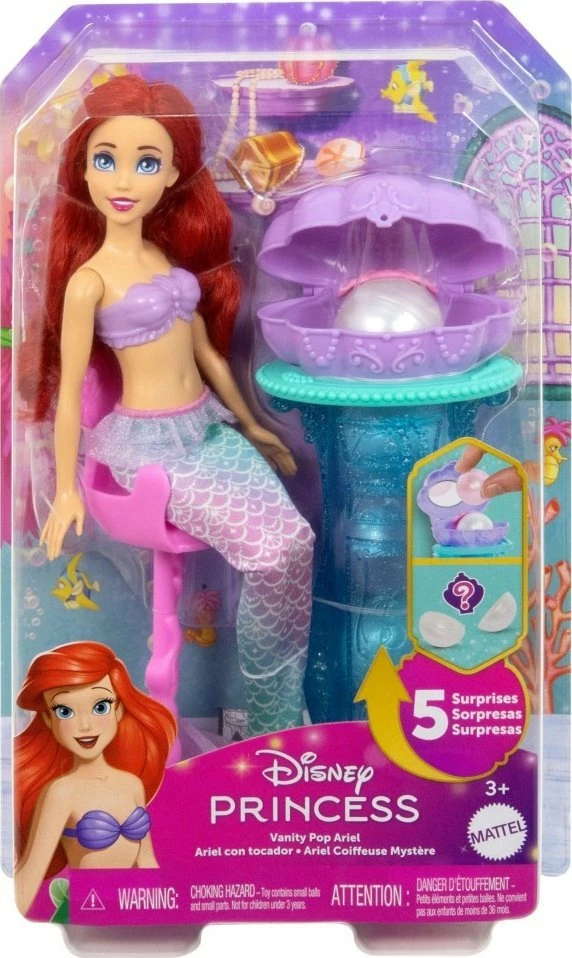 Set kukull Disney Princess Ariel me tavolinë grimi Pearl, Mattel JBF86, 28 cm, 5 surpriza