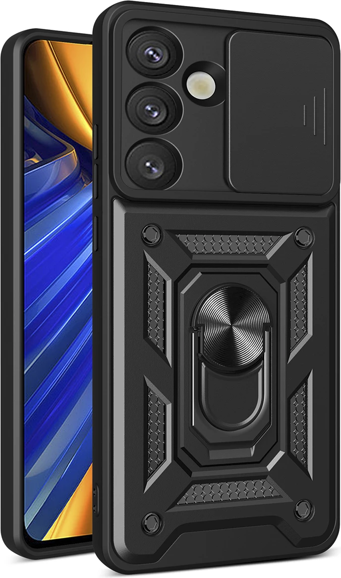 Mbështjellës Hurtel Hybrid Armor Camshield me kapak kamere dhe unazë metalike për Samsung Galaxy S25, Zi