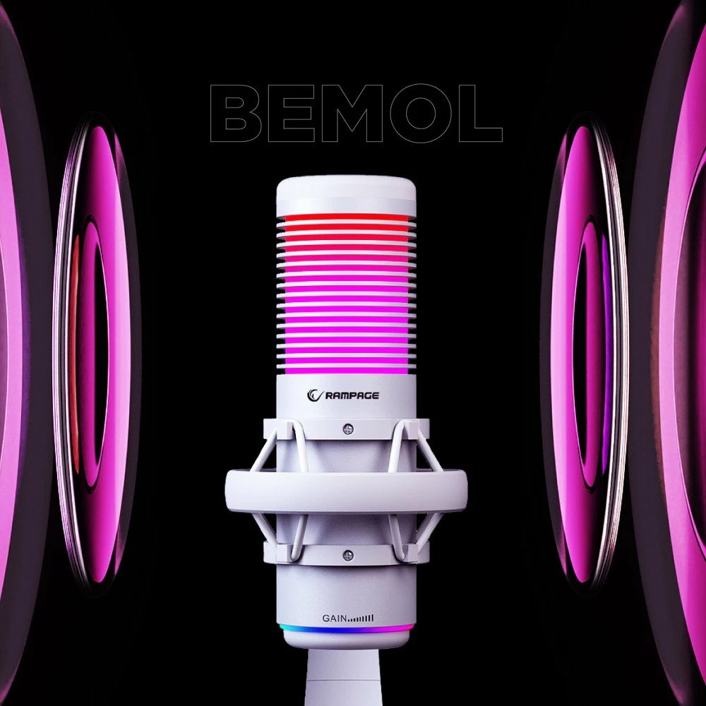 Mikrofon Rampage Bemol RGB USB-C/3.5mm kardioid/omni me tripod dhe shock mount, i bardhë