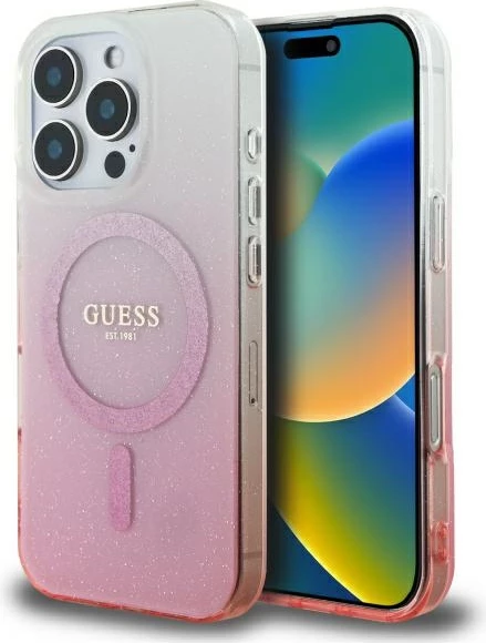 Mbështjellës Guess IML Glitter Gradient MagSafe për iPhone 16 Pro Max, Rozë