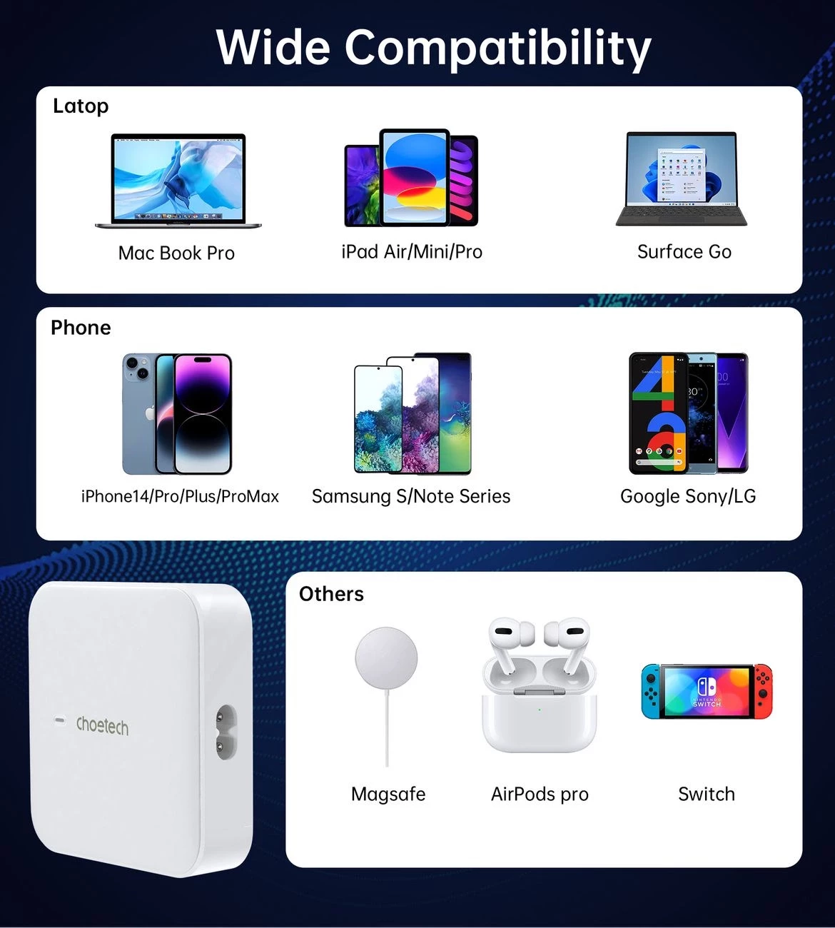 Karikues muri Choetech PD8008, 100W, 2x USB-C, 2x USB-A, i bardhë