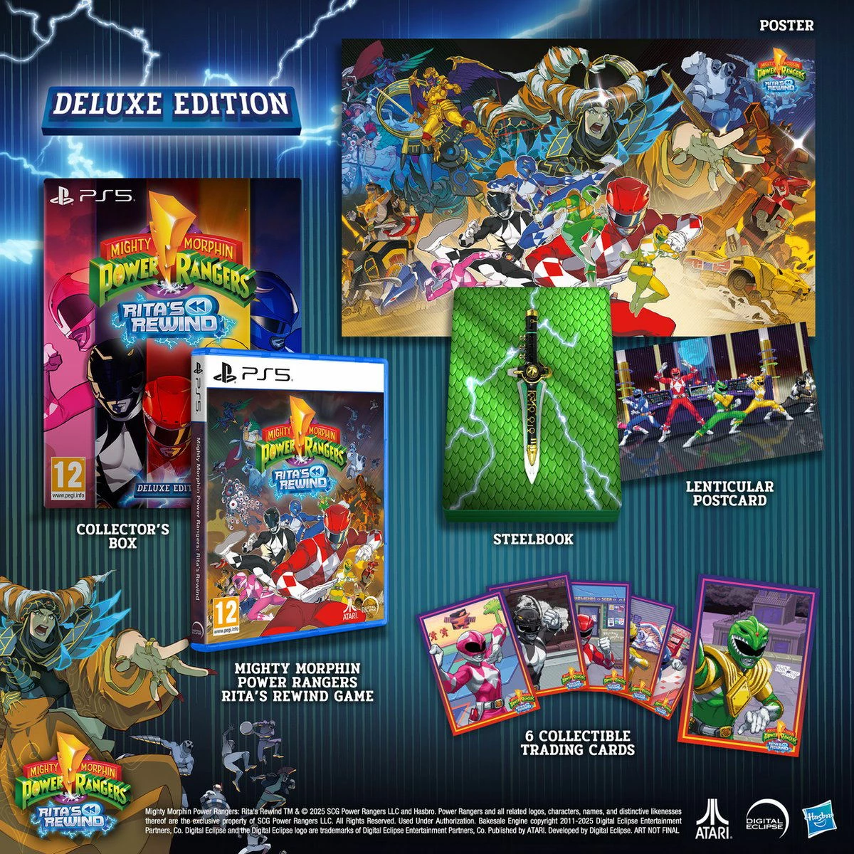 Lojë PS5 Atari Mighty Morphin Power Rangers: Rita's Rewind Deluxe Edition, set me 6 kartela koleksionuese + steelbook + kartolinë lentikulare + poster