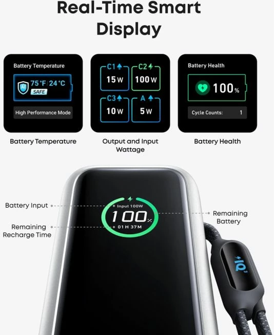 Powerbank Anker A1695H41 25000 mAh 165W me kabllo USB-C të integrume, argjend