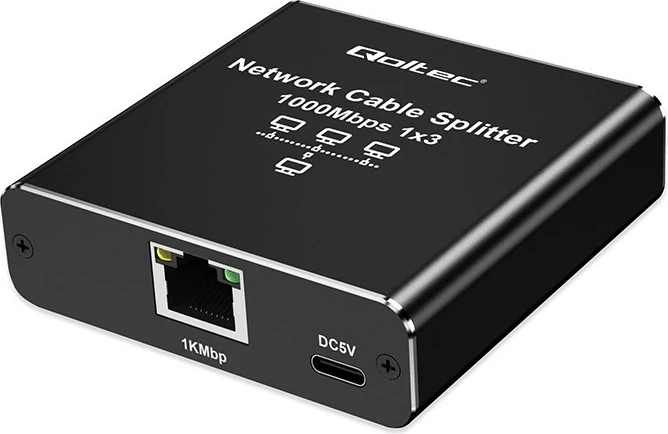 Switch i vogël Qoltec 52294, 3 porta RJ45, 1Gb/s, alumini, USB-C