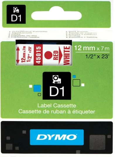 Kasetë etiketimi Dymo D1 45015 12 mm x 7 m, e bardhë me tekst të kuq