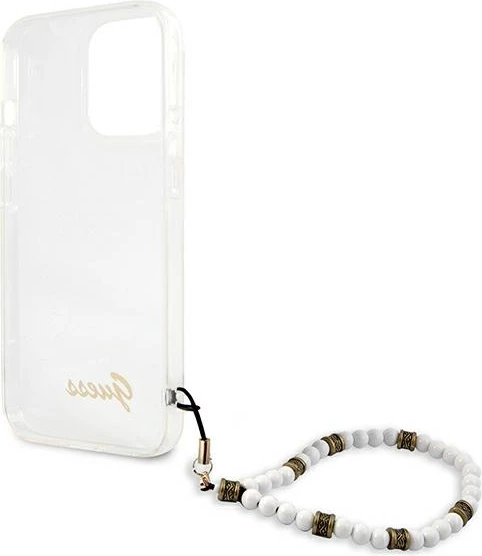 Mbështjellës Guess GUHCP13LKPSWH për iPhone 13/13 Pro 6.1", Transparent, me varëse perlë