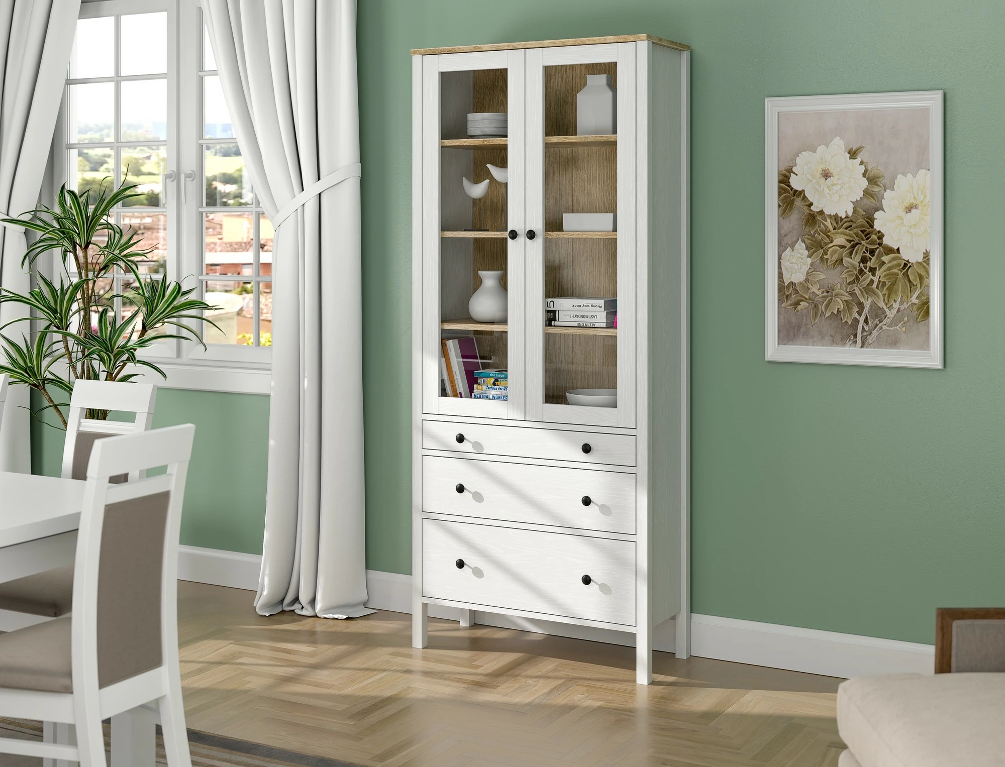 Raft librash Hanah Home, FRN-20069, ngjyrë druri dhe e bardhë