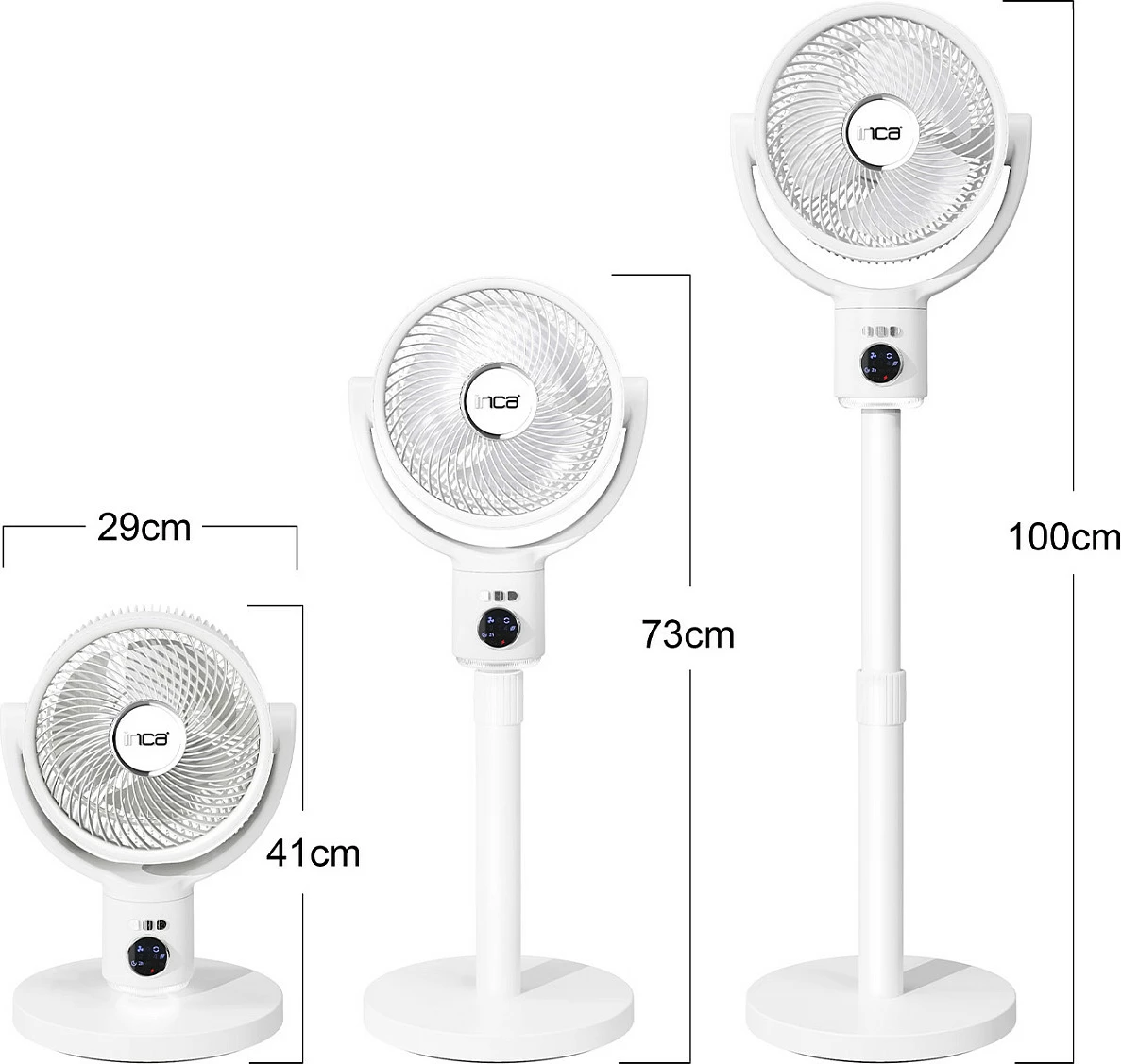Ventilator me shtyllë INCA, me bateri, motor BLDC, 5 shpejtësi, i bardhë