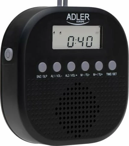Radio FM Adler IPX4, me orë dhe 2 alarme, 3xAAA, gri