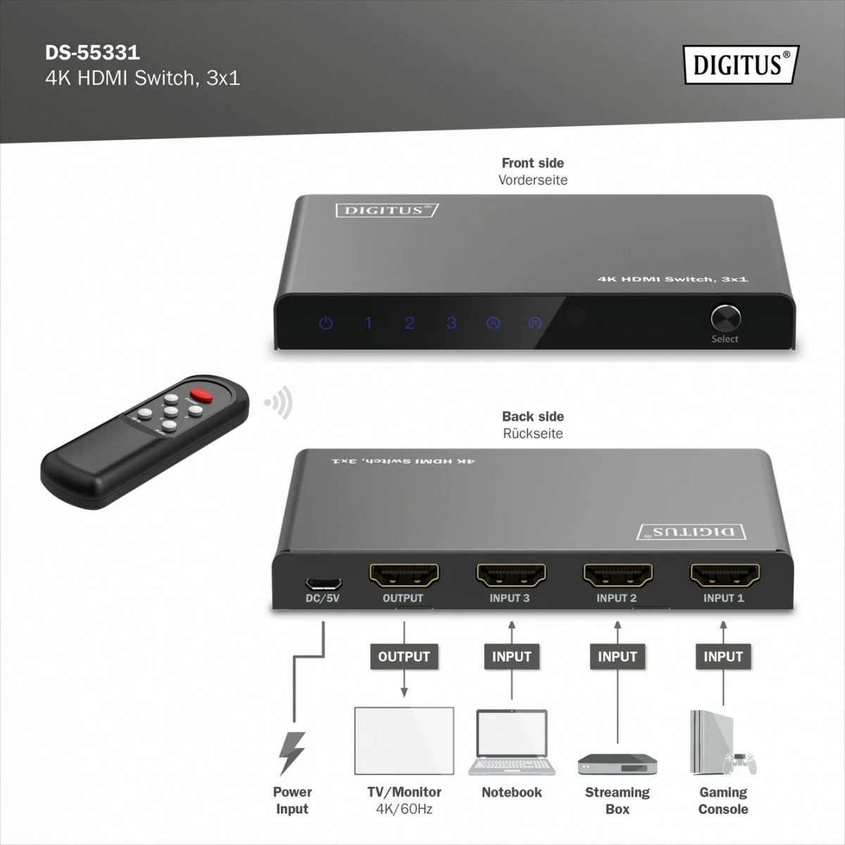 Switch HDMI Digitus DS-55331, 3 hyrje, 1 dalje, 4K/60Hz, me telekomandë, e zezë