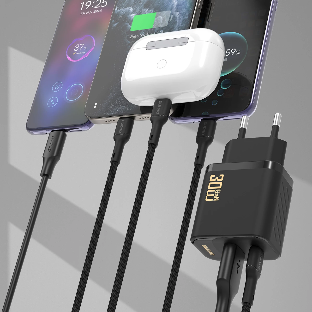 Karikues muri Dudao A27TCEU GaN PD 30W, 2 porta USB-A/USB-C, prizë EU, i zi, me kabllo USB-C 1m