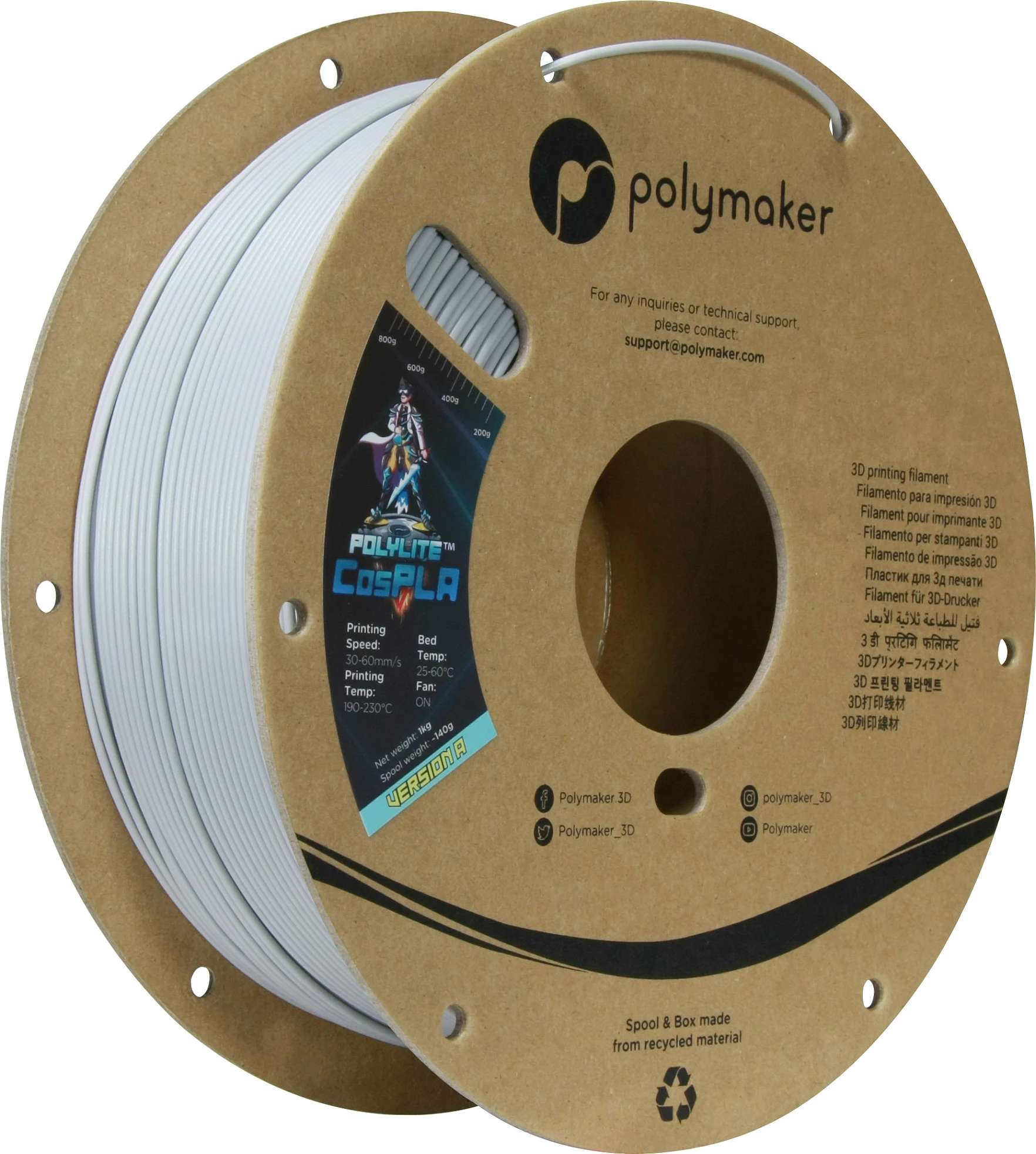 Filament 3D Polymaker PolyLite CosPLA Version A, 1 kg, i bardhë