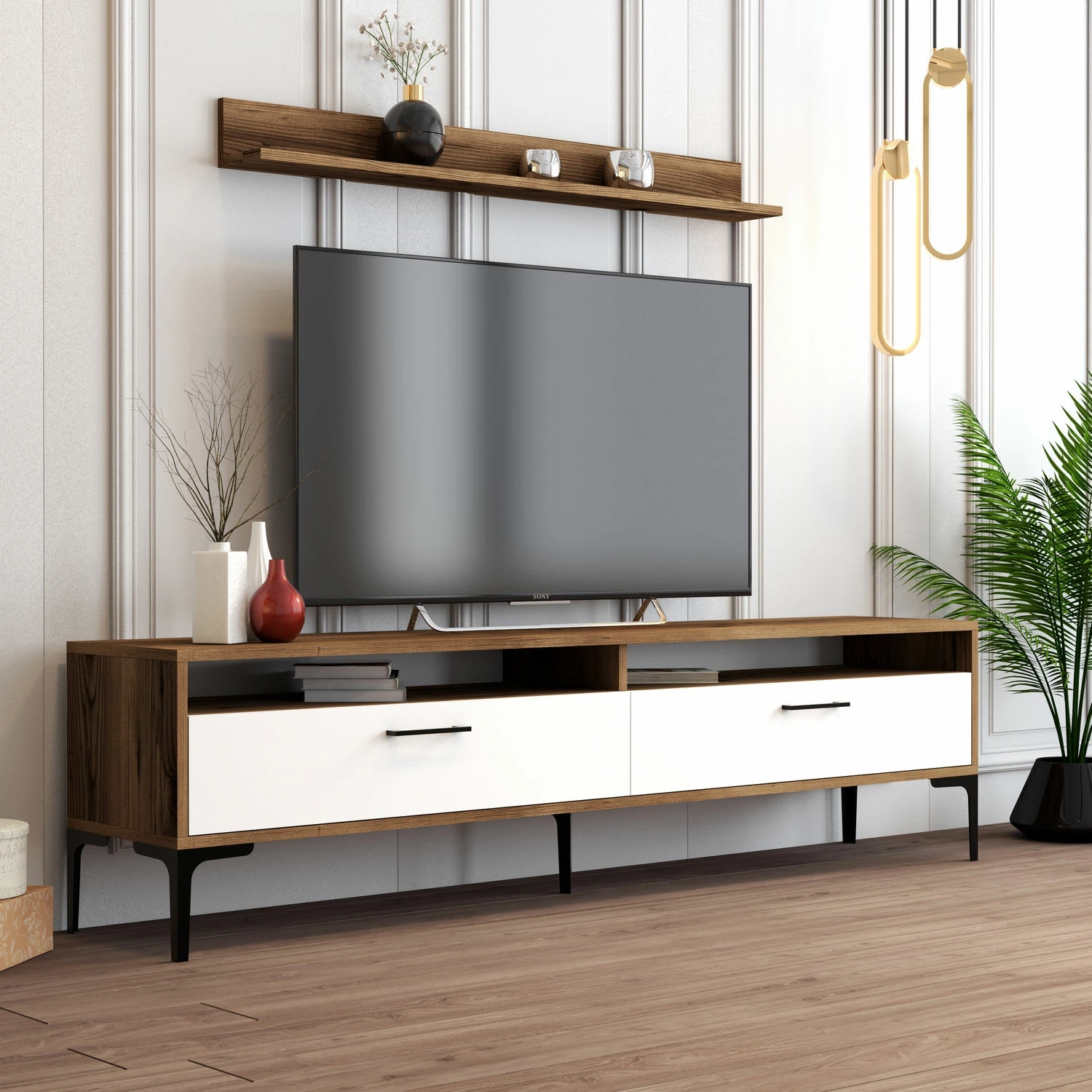 Komodë TV Skye Decor, Istanbul, ngjyrë arre dhe e bardhë