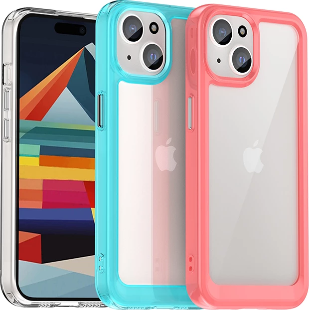 Mbështjellës Hurtel Outer Space Case për iPhone 15 Plus, i fortifikuar, transparent me kornizë të kuqe