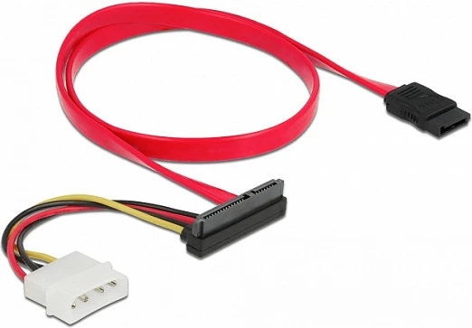 Kabllo SATA DeLOCK, SATA III 6Gb/s, SATA 7-pin në SATA 22-pin + Molex, 0.5m, zi/kuq/bardh