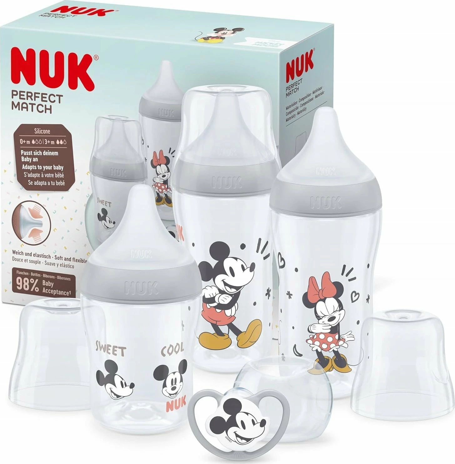 Set shishe për bebe NUK Perfect Match 10225330, 2x260 ml + 1x150 ml, biberon silikoni, 4 copë, shumëngjyrëshe (Mickey Mouse)