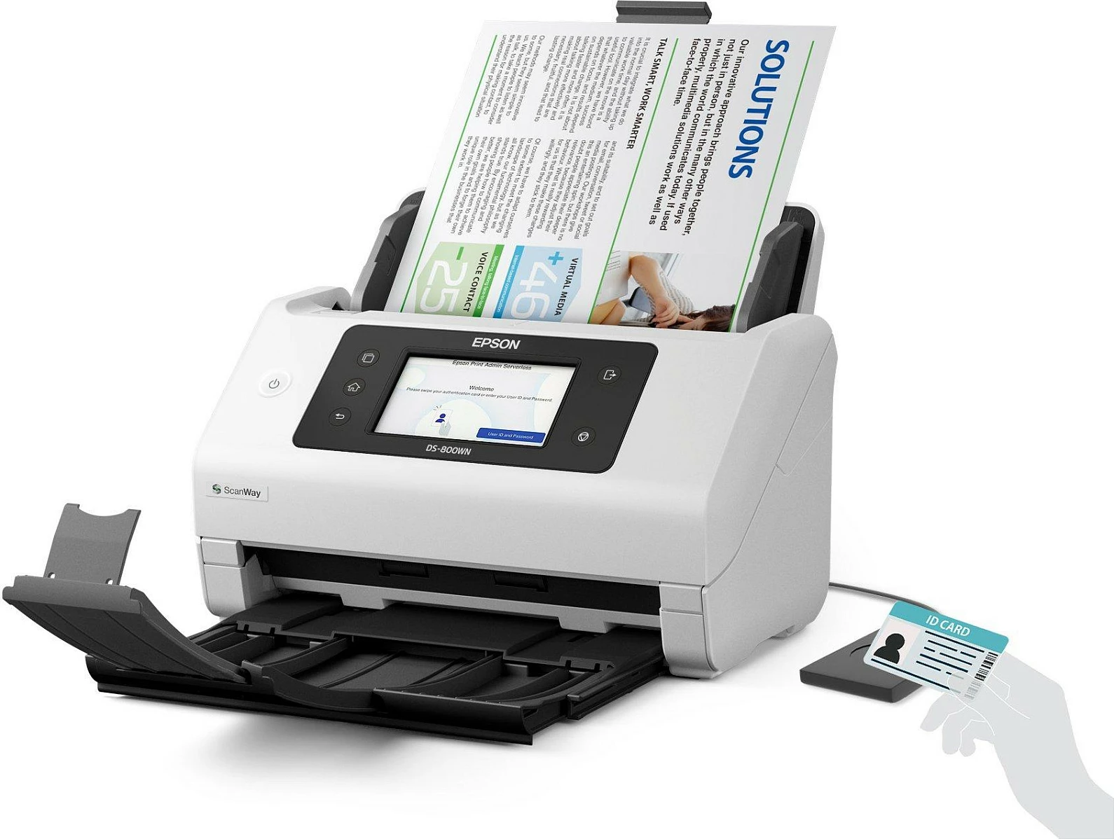 Skaner Epson WorkForce DS-800WN, A4/A3, Wi‑Fi/Ethernet, ADF 100 fletë, 50 ppm / 100 ipm, touchscreen, bardhë