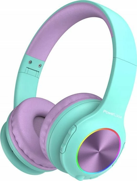 Kufje pa kabllo PowerLocus PLED, për fëmijë, Bluetooth 5.3, mikrofon, microSD, 30 orë, LED, mbi vesh, blu-vjollcë