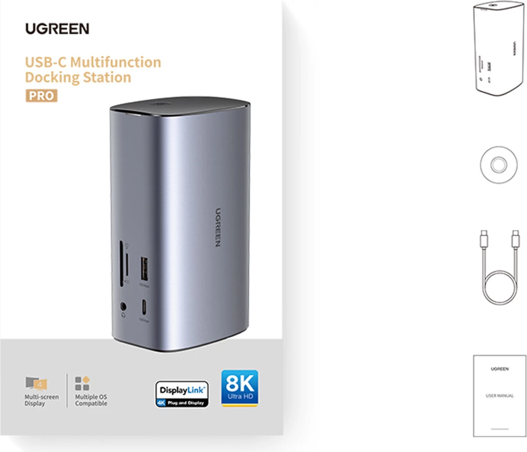 HUB multifunksional Ugreen CM555 12-në-1, USB-C, HDMI, DP, RJ45, SD/TF, Gri