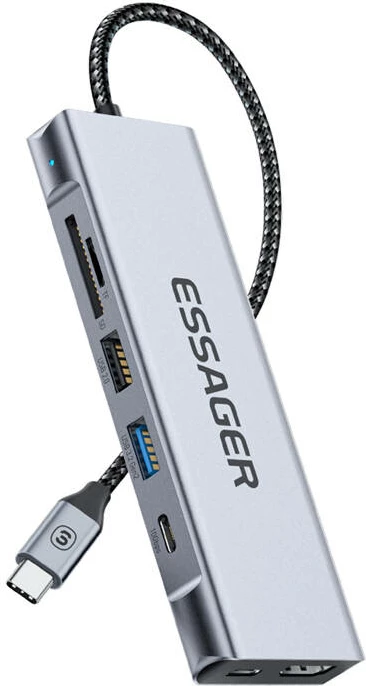 Kasë docking Essager EHB08-QK0G-Z, HDMI, 2xUSB-A, SD/TF card, Gri