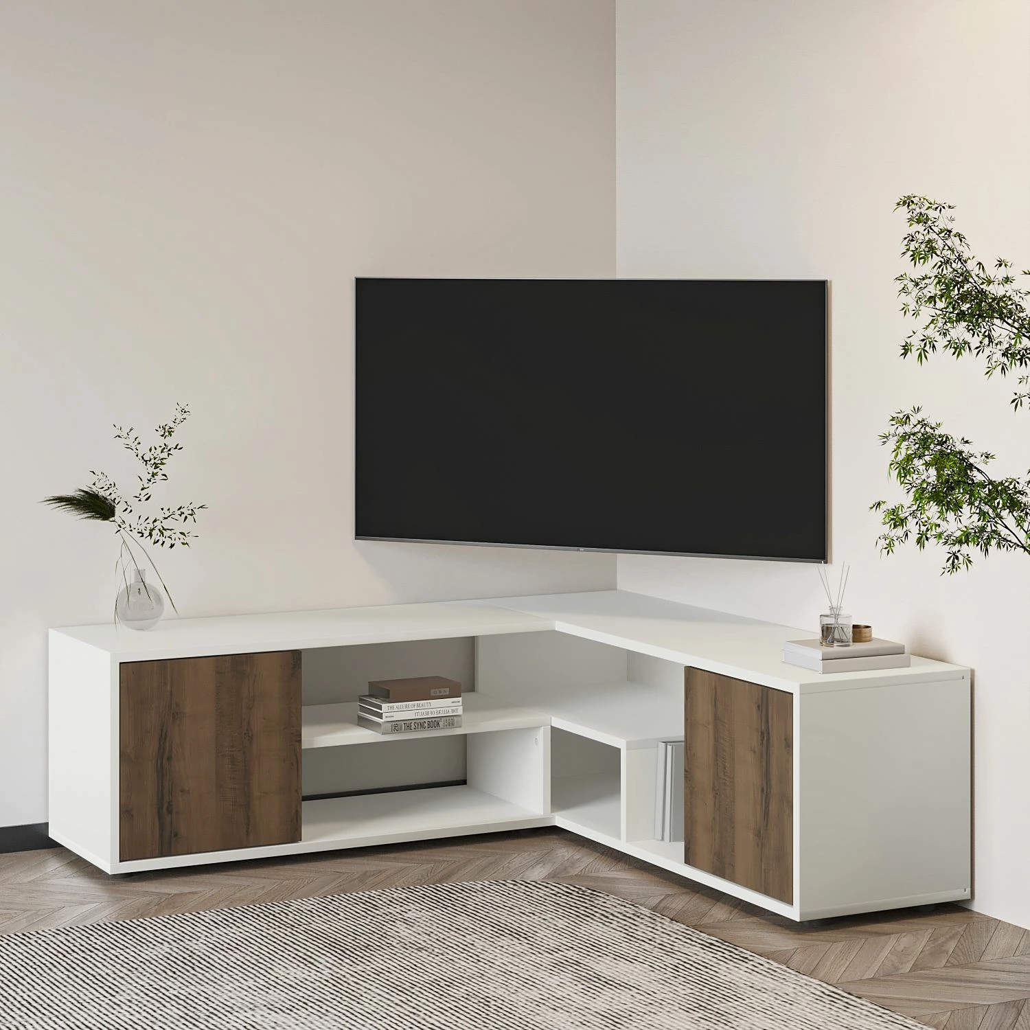 Komodë për TV Skye Decor, ngjyrë e bardhë dhe lis