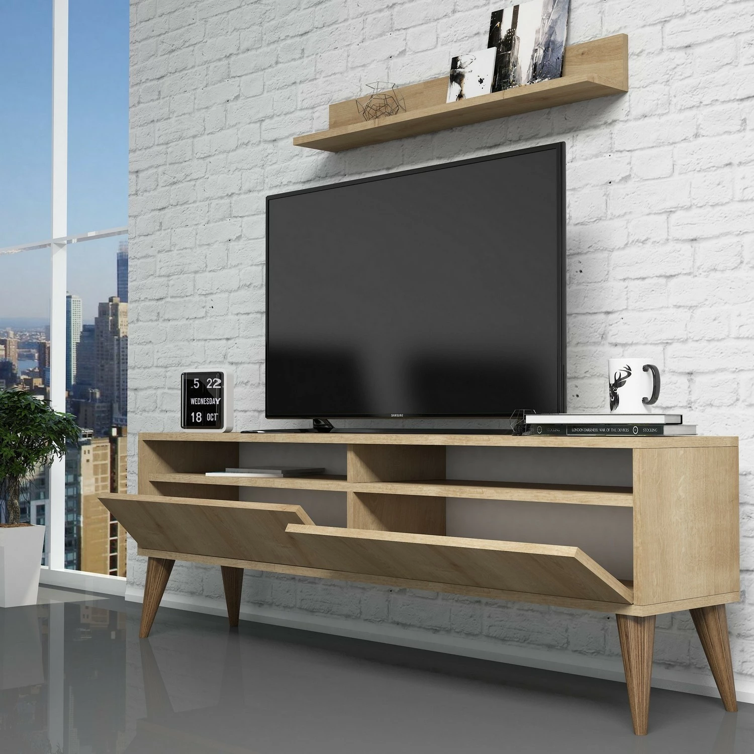 Set komodë TV me raft muri, ngjyrë lisi, Hanah Home, Best