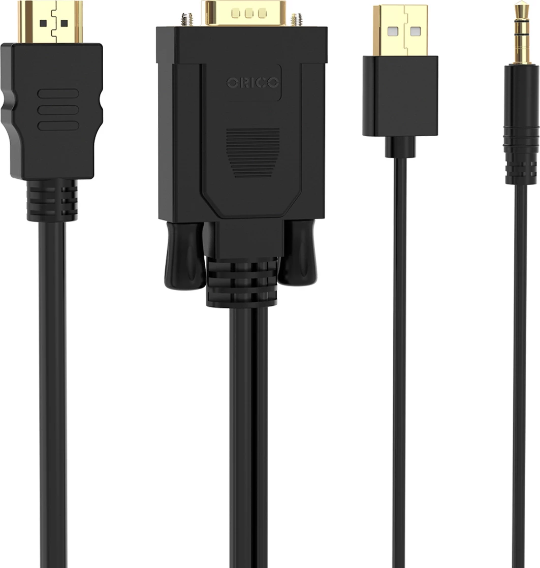Kablë konvertuese VGA në HDMI Orico XD-VATH, Full HD 60Hz, me audio 3.5mm dhe furnizim USB, 5 m, e zezë