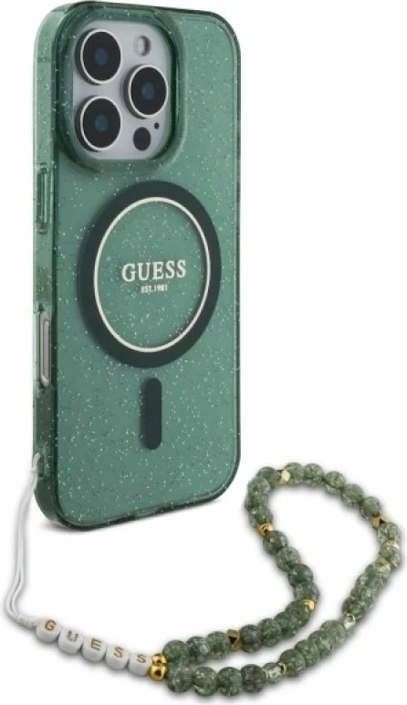Kapak telefoni Guess IML Glitter me rrip perlash MagSafe për iPhone 16 Pro Max, i gjelbër