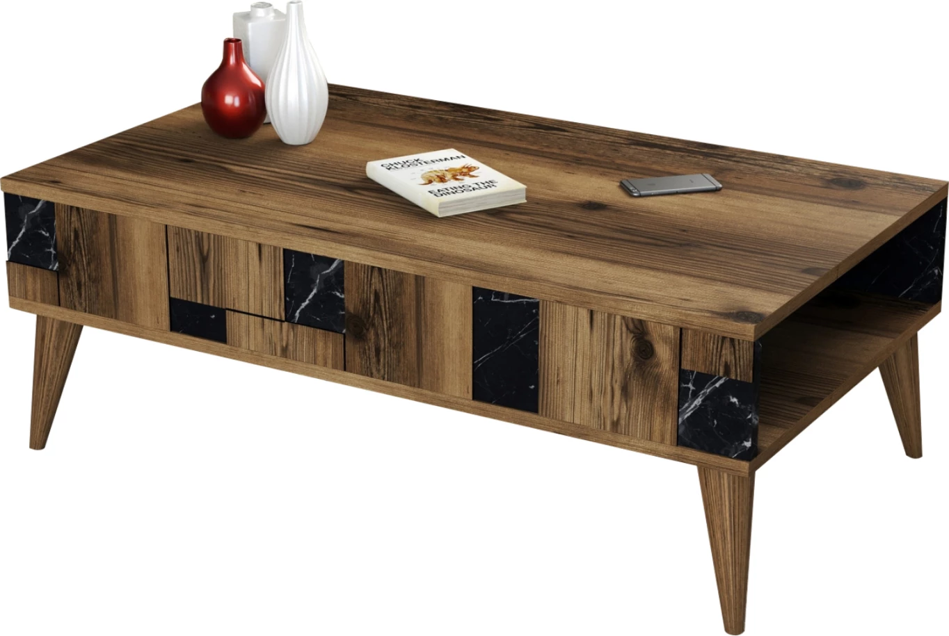 Tavolinë kafeje, pamje mermeri të zi, ngjyrë arre, FH9504.02, 105x60x37.6 cm