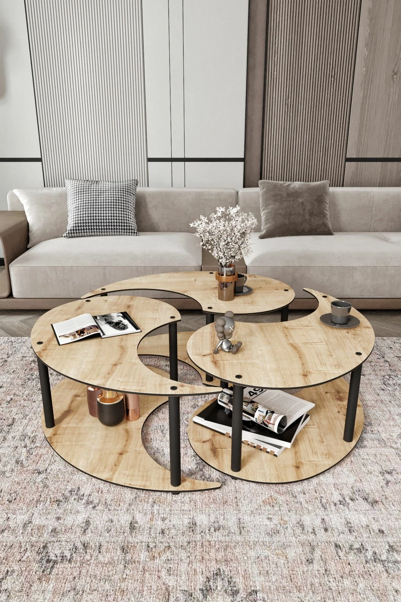 Set tavolinash kafeje Hanah Home, Yin Yang, 3 copë, ngjyrë lisi