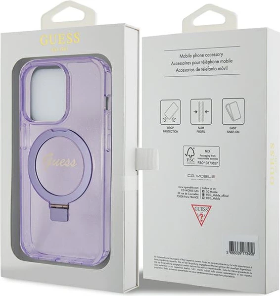 Mbështjellës Guess Ring Stand Script Glitter MagSafe për iPhone 15 Pro, vjollcë
