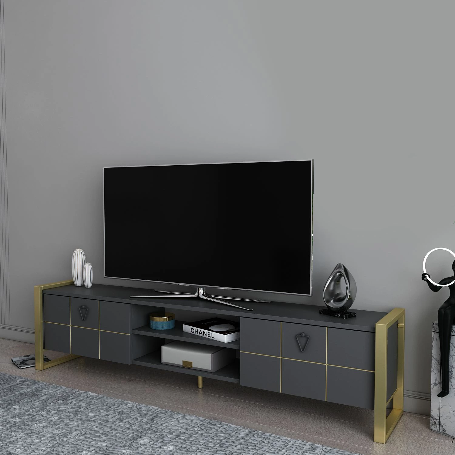 Komodë TV Skye Decor, Mila, antracit dhe ar