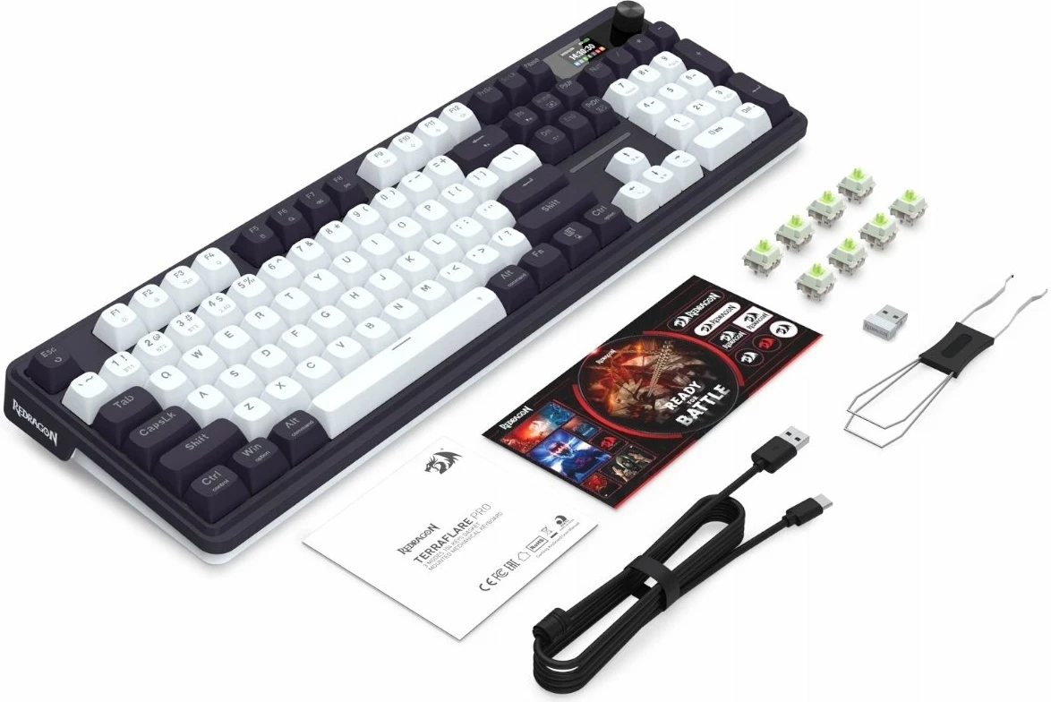 Tastierë gaming mekanike Redragon TERRAFLARE K762WB-RGB-PRO, full-size 104 taste, Bluetooth/2.4GHz/USB, RGB, hot-swap, PBT, bateri 4000mAh, QWERTY US, e zezë, set me receiver 2.4GHz