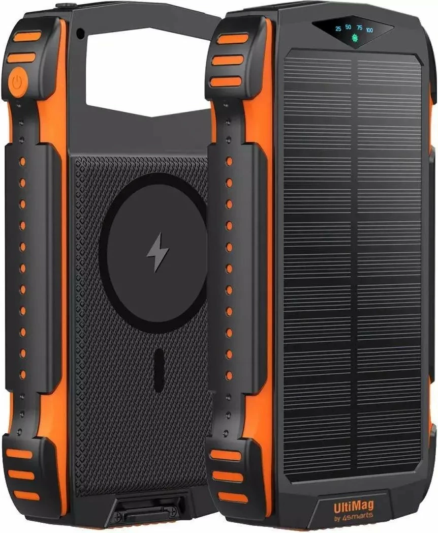 Powerbank 4smarts TitanPack UltiMag 20000mAh, QC 3.0 20W, karikim pa kabllo 15W, solar, waterproof, me dritë, i zi/portokalli, me kabllo USB-A në USB-C + karabiner