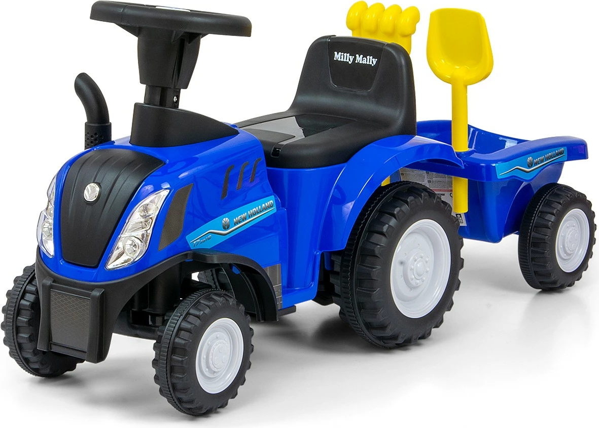 Traktor ride-on Milly Mally New Holland T7 3901, timon interaktiv me tinguj/drita, moshë 12-36 muaj, kërkon 2x AA (pa bateri), blu, set me rimorkio + lopatë/grep